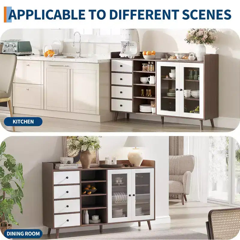 COZONY 55 Meuble de Rangement Buffet de Ferme, Bahut de Cuisine en Bois avec Portes Vitrées et Étagères Réglables, Grande Station de Bar à Café