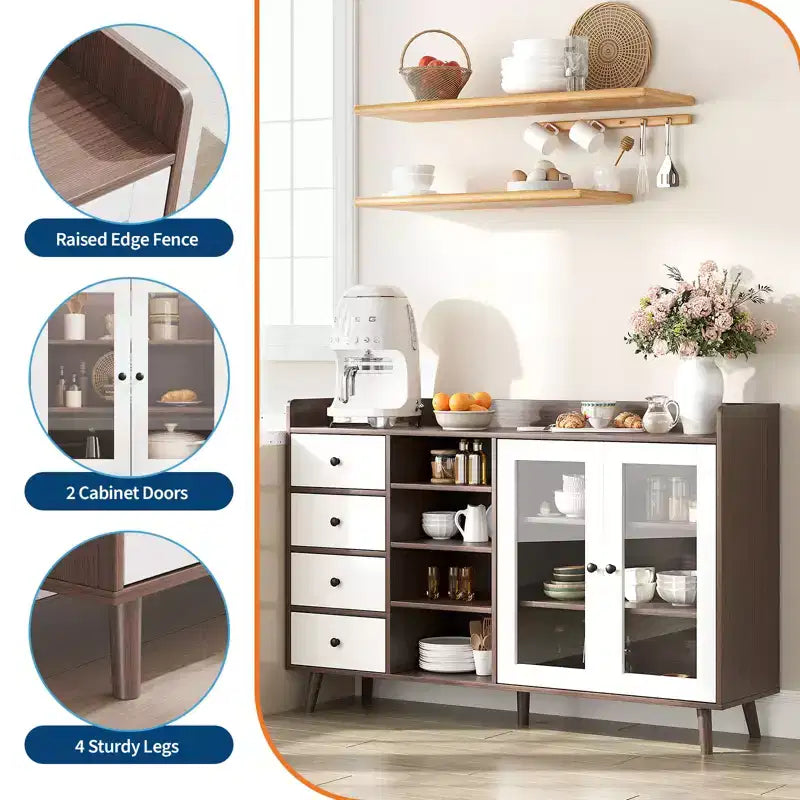 COZONY 55 Meuble de Rangement Buffet de Ferme, Bahut de Cuisine en Bois avec Portes Vitrées et Étagères Réglables, Grande Station de Bar à Café