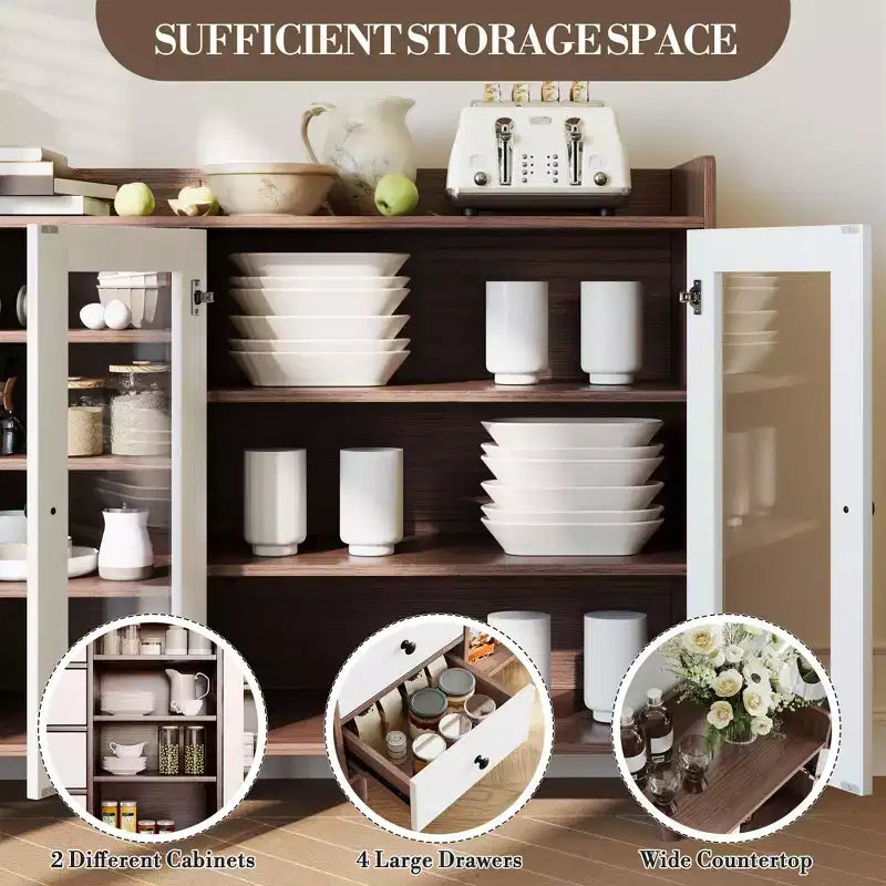 COZONY 55 Meuble de Rangement Buffet de Ferme, Bahut de Cuisine en Bois avec Portes Vitrées et Étagères Réglables, Grande Station de Bar à Café