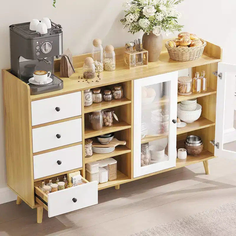 COZONY 55 Meuble de Rangement Buffet de Ferme, Bahut de Cuisine en Bois avec Portes Vitrées et Étagères Réglables, Grande Station de Bar à Café