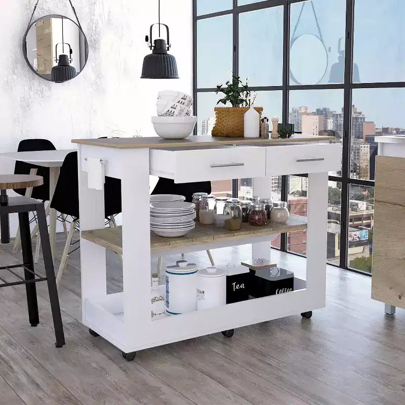 Okak Îlot de cuisine de 117 cm avec 2 étagères ouvertes, Chariot de cuisine avec 2 tiroirs et poignées en métal, Îlot de cuisine sur roulettes pour salle à manger, cuisine, Blanc