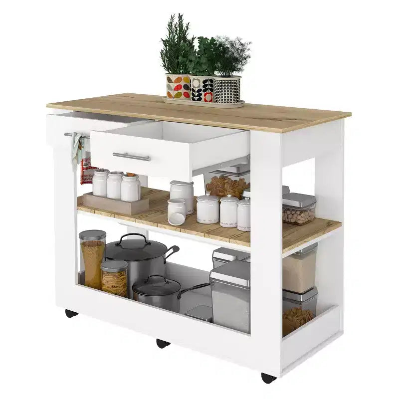 Okak Îlot de cuisine de 117 cm avec 2 étagères ouvertes, Chariot de cuisine avec 2 tiroirs et poignées en métal, Îlot de cuisine sur roulettes pour salle à manger, cuisine, Blanc