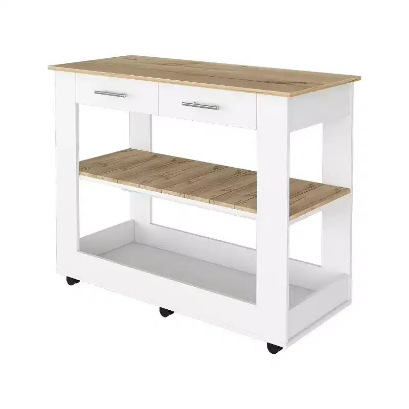 Okak Îlot de cuisine de 117 cm avec 2 étagères ouvertes, Chariot de cuisine avec 2 tiroirs et poignées en métal, Îlot de cuisine sur roulettes pour salle à manger, cuisine, Blanc