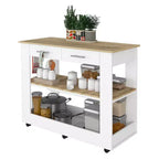 Okak Îlot de cuisine de 117 cm avec 2 étagères ouvertes, Chariot de cuisine avec 2 tiroirs et poignées en métal, Îlot de cuisine sur roulettes pour salle à manger, cuisine, Blanc