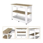 Okak Îlot de cuisine de 117 cm avec 2 étagères ouvertes, Chariot de cuisine avec 2 tiroirs et poignées en métal, Îlot de cuisine sur roulettes pour salle à manger, cuisine, Blanc