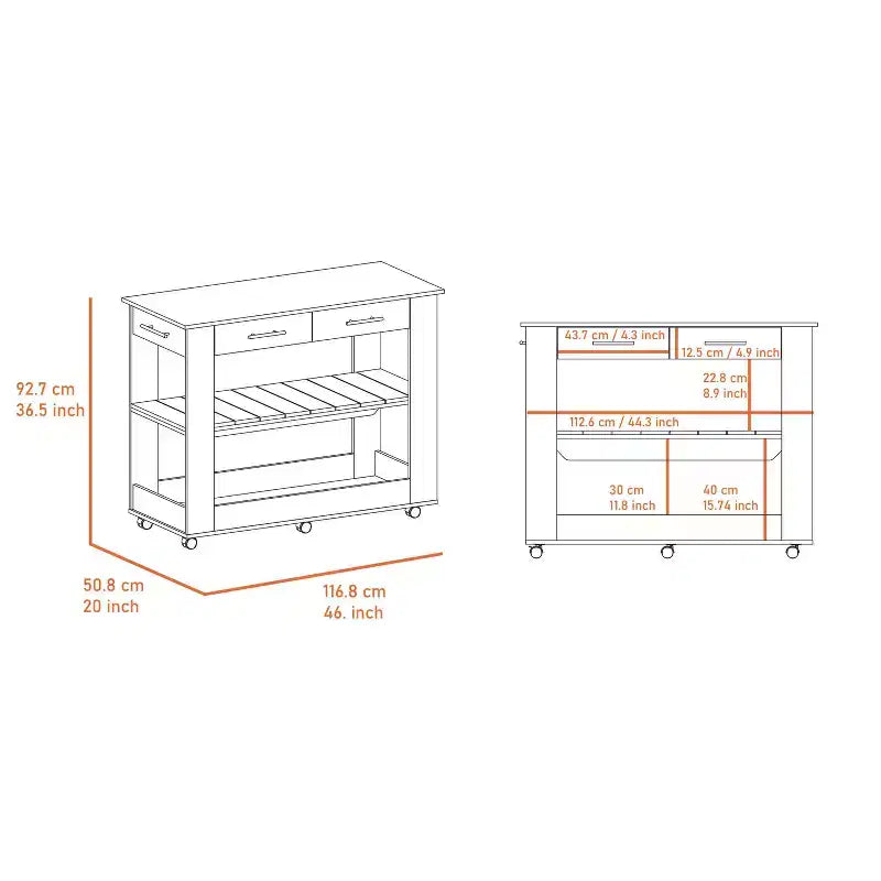 Okak Îlot de cuisine de 117 cm avec 2 étagères ouvertes, Chariot de cuisine avec 2 tiroirs et poignées en métal, Îlot de cuisine sur roulettes pour salle à manger, cuisine, Blanc