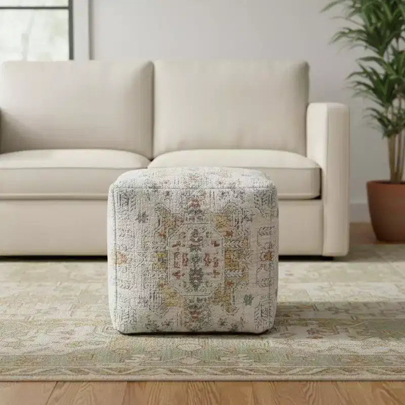 HomeRoots Pouf Ottoman Médaillon Rembourré Ivoire et Gris Clair 18 pouces