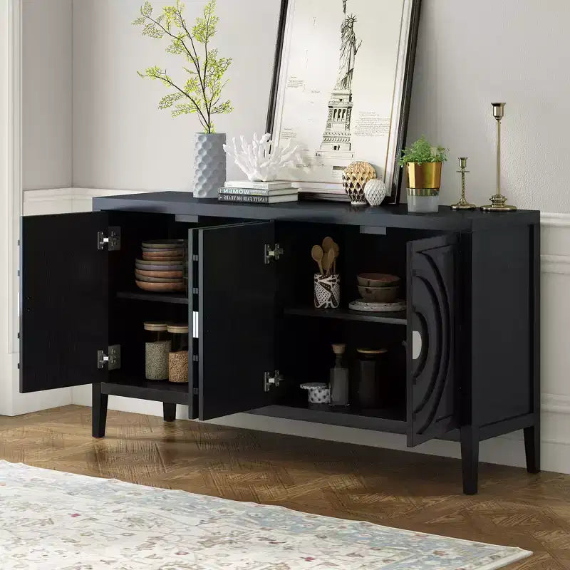 Meuble de rangement avec rainure circulaire, Console de table avec poignées de porte rondes en métal et étagère réglable, pour cuisine