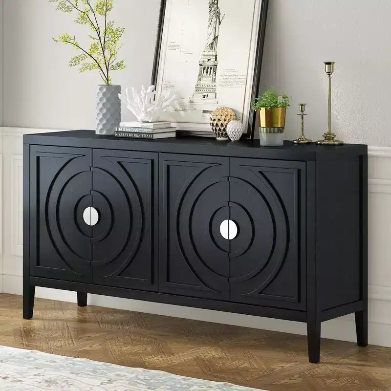 Meuble de rangement avec rainure circulaire, Console de table avec poignées de porte rondes en métal et étagère réglable, pour cuisine
