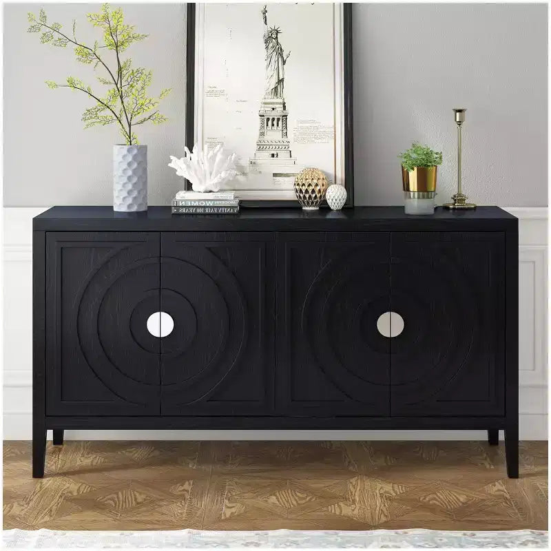 Meuble de rangement avec rainure circulaire, Console de table avec poignées de porte rondes en métal et étagère réglable, pour cuisine