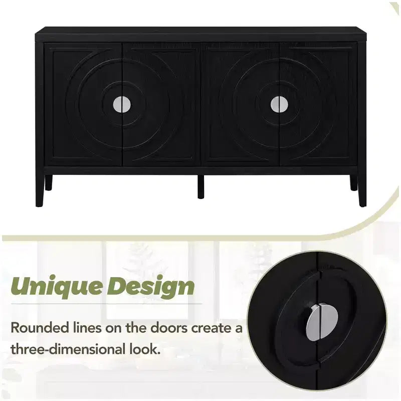 Meuble de rangement avec rainure circulaire, Console de table avec poignées de porte rondes en métal et étagère réglable, pour cuisine