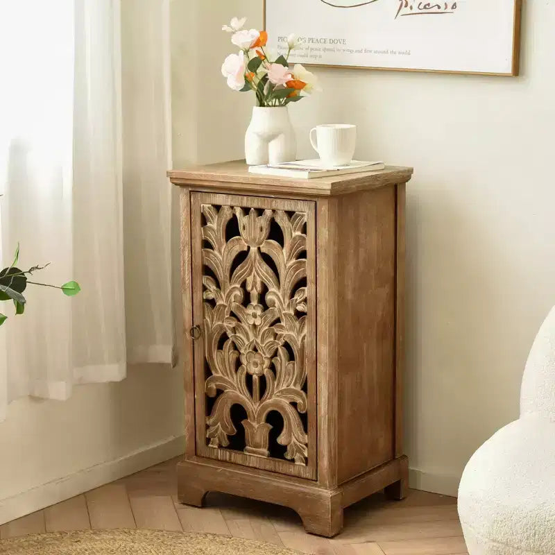 Table d'appoint eHemco vintage sculptée creuse, 18 x 14 x 30,5 pouces, meuble de rangement avec panneau décoratif, table d'appoint intérieure de salon, naturelle