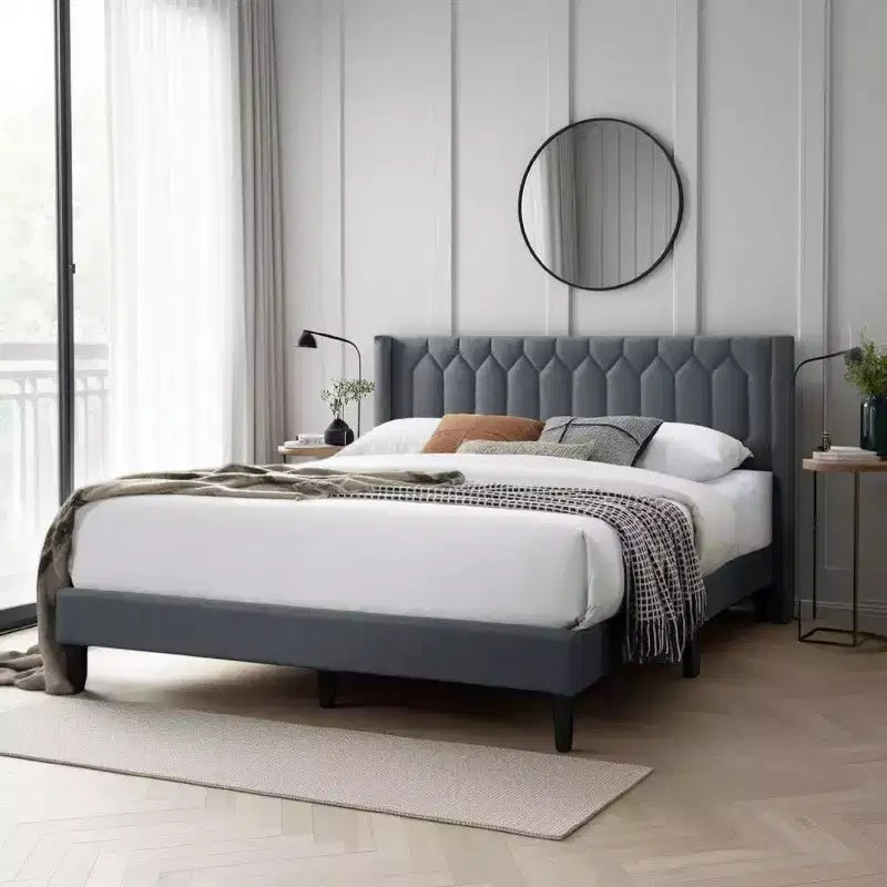 Royal Hampton Queen Size Bed, Geometric Stitched Charcoal Gray Burlap Upholstery