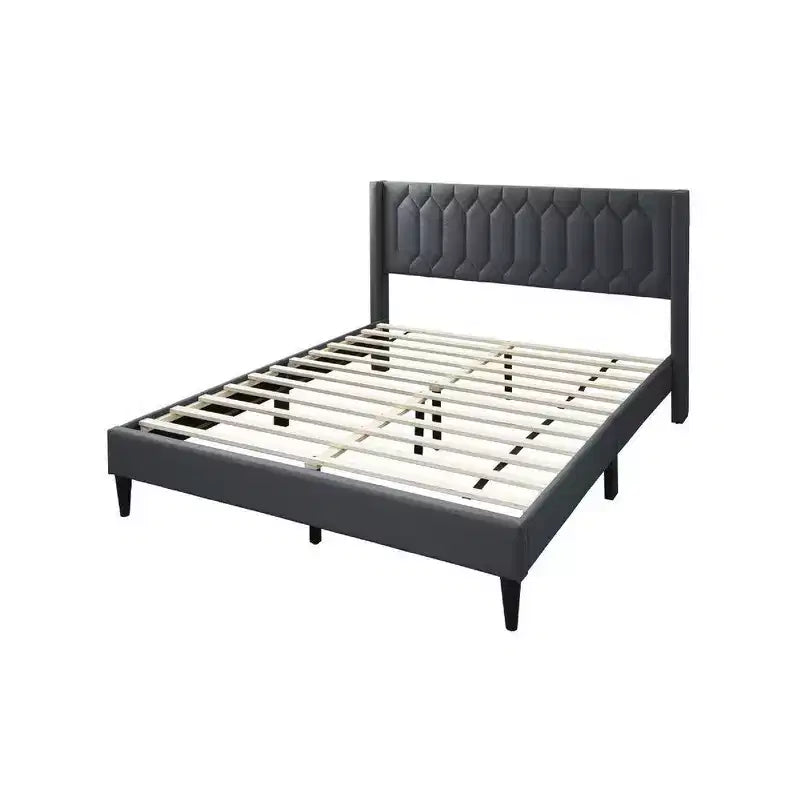 Lit Queen Size Royal Hampton, revêtement en toile de jute gris anthracite surpiquée à motifs géométriques