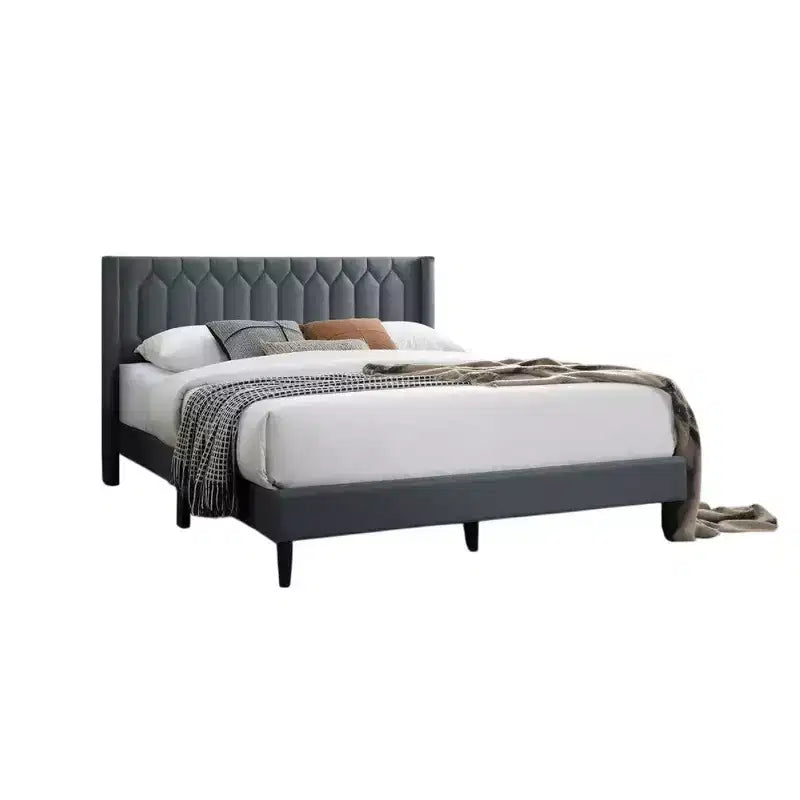 Lit Queen Size Royal Hampton, revêtement en toile de jute gris anthracite surpiquée à motifs géométriques