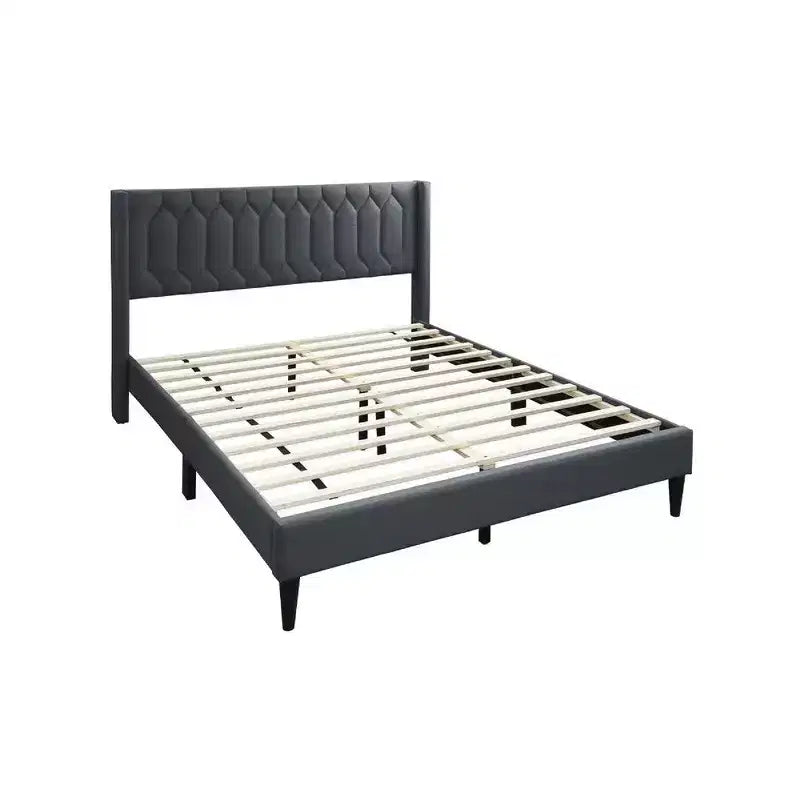 Lit Queen Size Royal Hampton, revêtement en toile de jute gris anthracite surpiquée à motifs géométriques