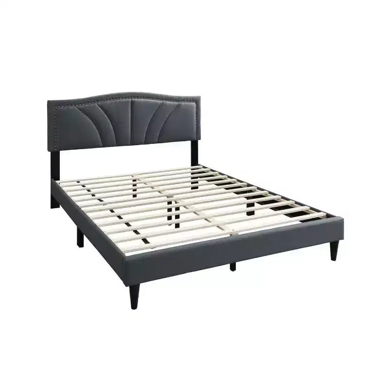 Lit Queen Size Royal Hampton, tête de lit incurvée rembourrée en toile de jute gris anthracite