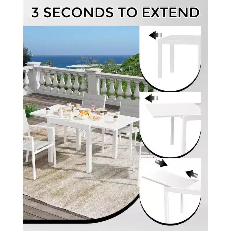 Table à manger extensible en aluminium, fer et bois, effet grain de boisTable à manger rectangulaire extensible pour porche, jardin, balcon
