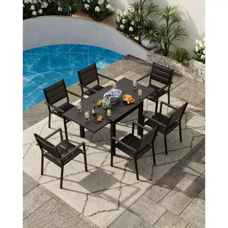 Table à manger extensible en aluminium, fer et bois, effet grain de boisTable à manger rectangulaire extensible pour porche, jardin, balcon