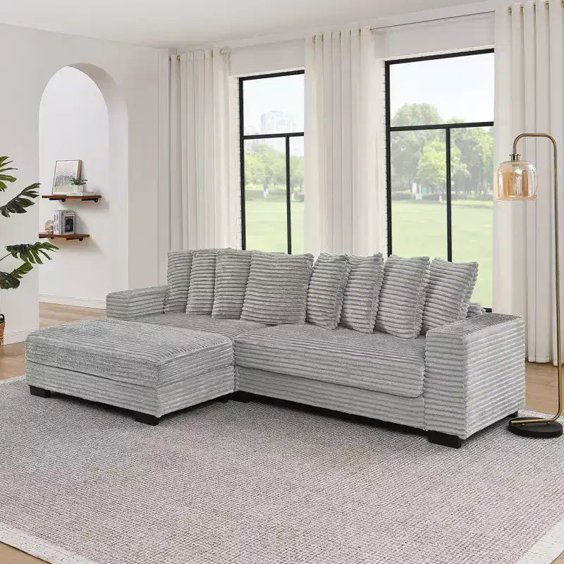 Canapé sectionnel convertible EHMKNP en velours côtelé, canapé modulaire en forme de L avec pouf