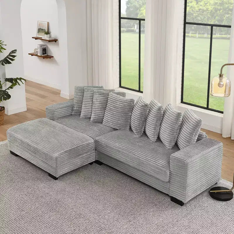 Canapé sectionnel convertible EHMKNP en velours côtelé, canapé modulaire en forme de L avec pouf