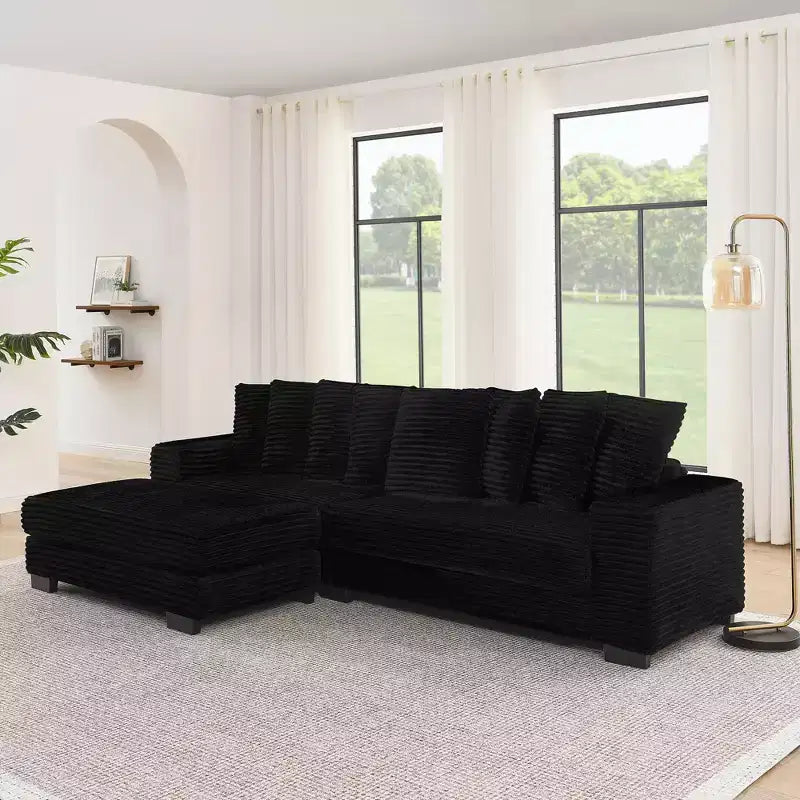 Canapé sectionnel convertible EHMKNP en velours côtelé, canapé modulaire en forme de L avec pouf