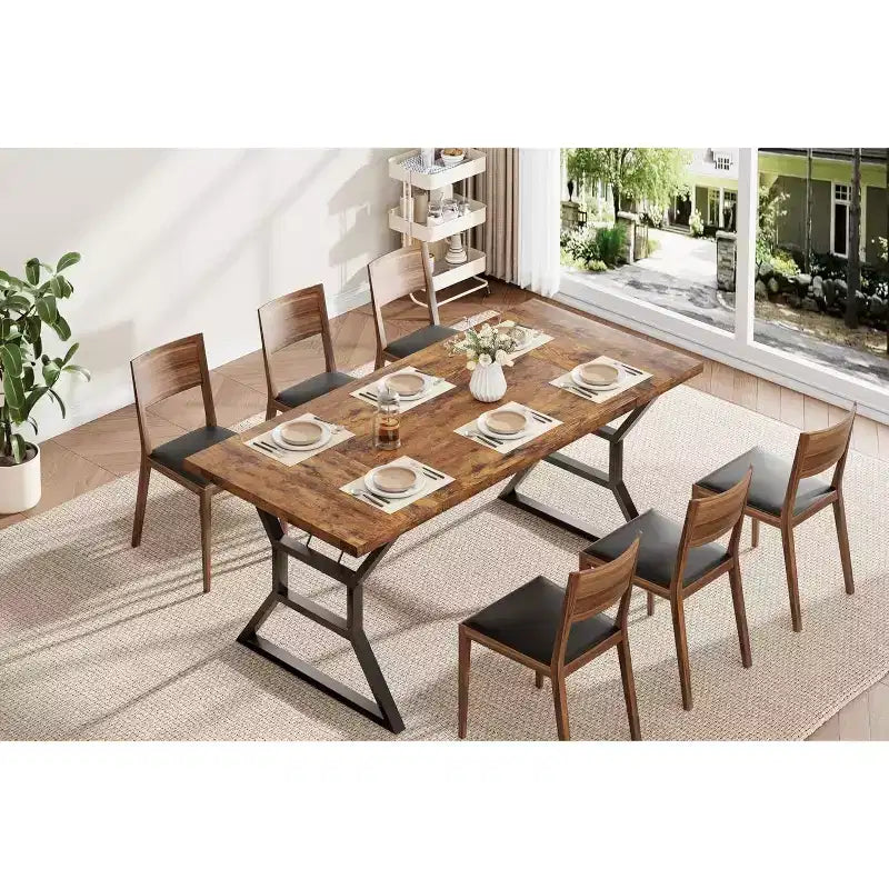 Table à manger rectangulaire pour 6 personnes, tables de cuisine avec pieds en métal très résistants, marron rétro