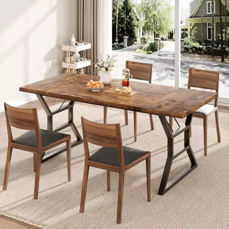 Table à manger rectangulaire pour 6 personnes, tables de cuisine avec pieds en métal très résistants, marron rétro