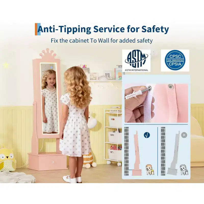 Meuble à bijoux pour enfants 46 avec miroir pleine longueur, tiroirs de rangement et armoire à bijoux pour l'anniversaire des enfants
