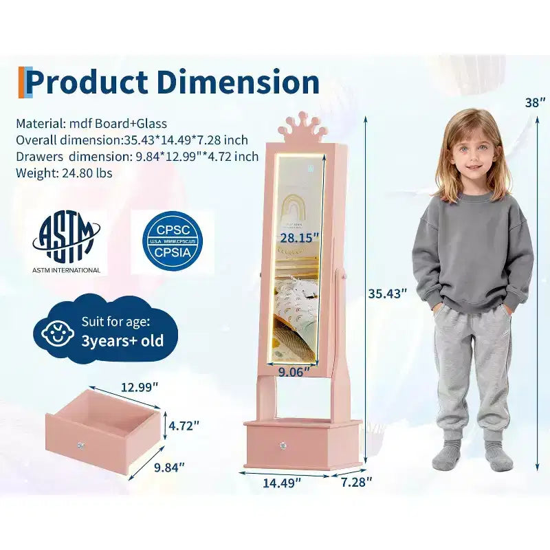 Meuble à bijoux pour enfants 46 avec miroir pleine longueur, tiroirs de rangement et armoire à bijoux pour l'anniversaire des enfants