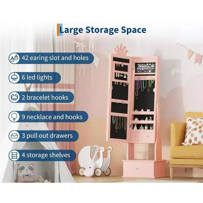 Meuble à bijoux pour enfants 46 avec miroir pleine longueur, tiroirs de rangement et armoire à bijoux pour l'anniversaire des enfants