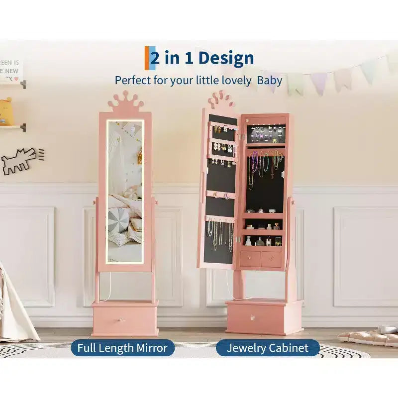 Meuble à bijoux pour enfants 46 avec miroir pleine longueur, tiroirs de rangement et armoire à bijoux pour l'anniversaire des enfants
