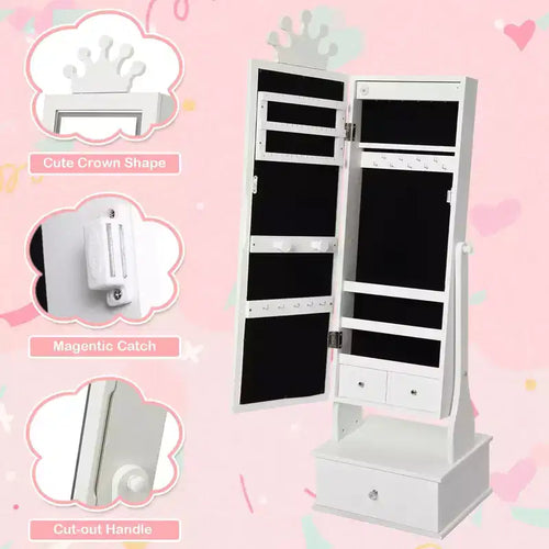 Meuble à bijoux pour enfants 46 avec miroir pleine longueur, tiroirs de rangement et armoire à bijoux pour l'anniversaire des enfants