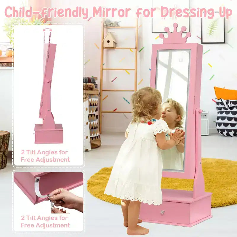 Meuble à bijoux pour enfants 46 avec miroir pleine longueur, tiroirs de rangement et armoire à bijoux pour l'anniversaire des enfants