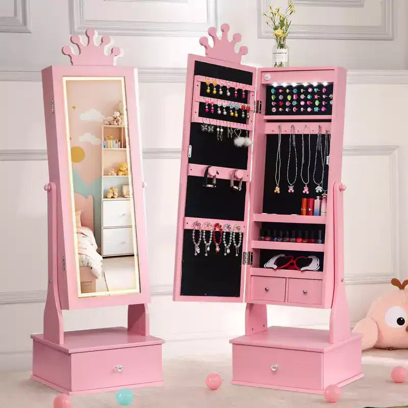 Meuble à bijoux pour enfants 46 avec miroir pleine longueur, tiroirs de rangement et armoire à bijoux pour l'anniversaire des enfants