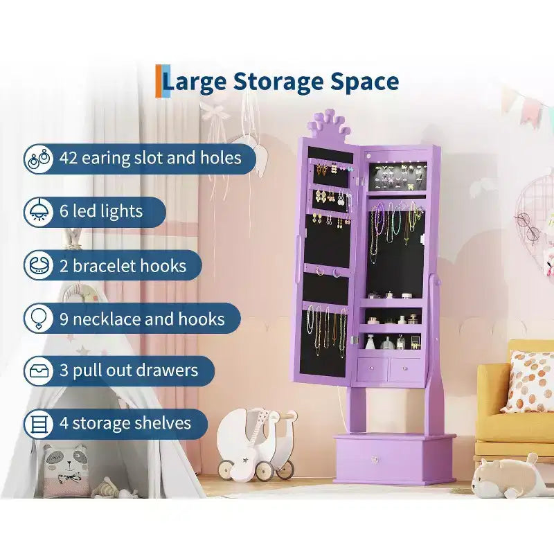 Meuble à bijoux pour enfants 46 avec miroir pleine longueur, tiroirs de rangement et armoire à bijoux pour l'anniversaire des enfants