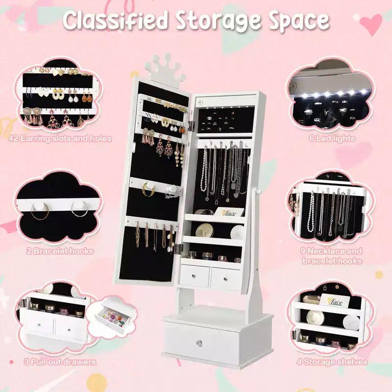 Meuble à bijoux pour enfants 46 avec miroir pleine longueur, tiroirs de rangement et armoire à bijoux pour l'anniversaire des enfants