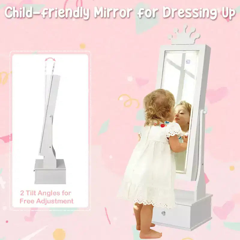 Meuble à bijoux pour enfants 46 avec miroir pleine longueur, tiroirs de rangement et armoire à bijoux pour l'anniversaire des enfants