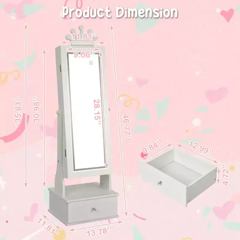 Meuble à bijoux pour enfants 46 avec miroir pleine longueur, tiroirs de rangement et armoire à bijoux pour l'anniversaire des enfants
