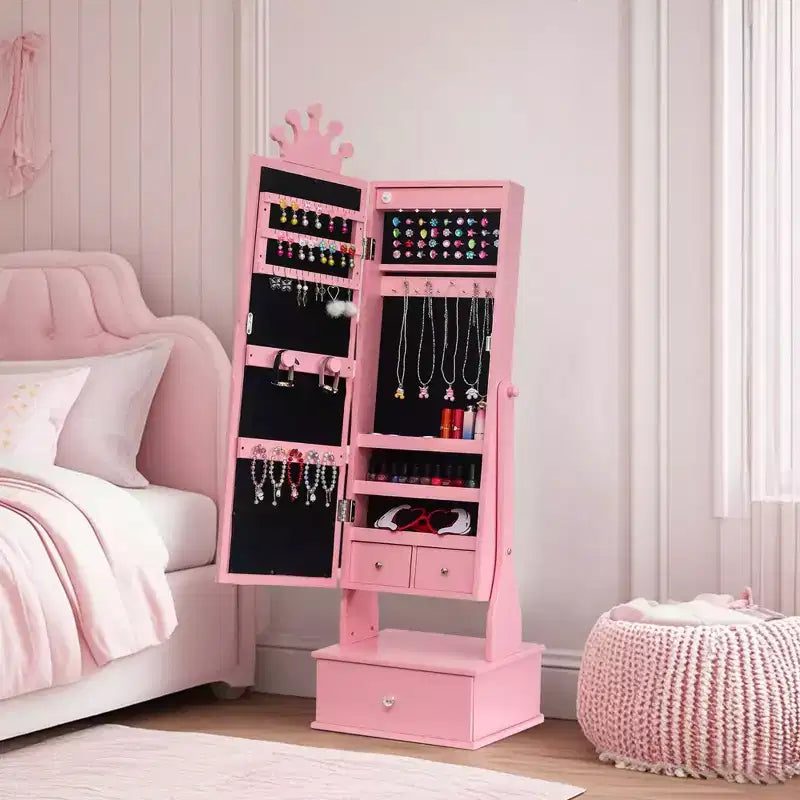 Meuble à bijoux pour enfants 46 avec miroir pleine longueur, tiroirs de rangement et armoire à bijoux pour l'anniversaire des enfants