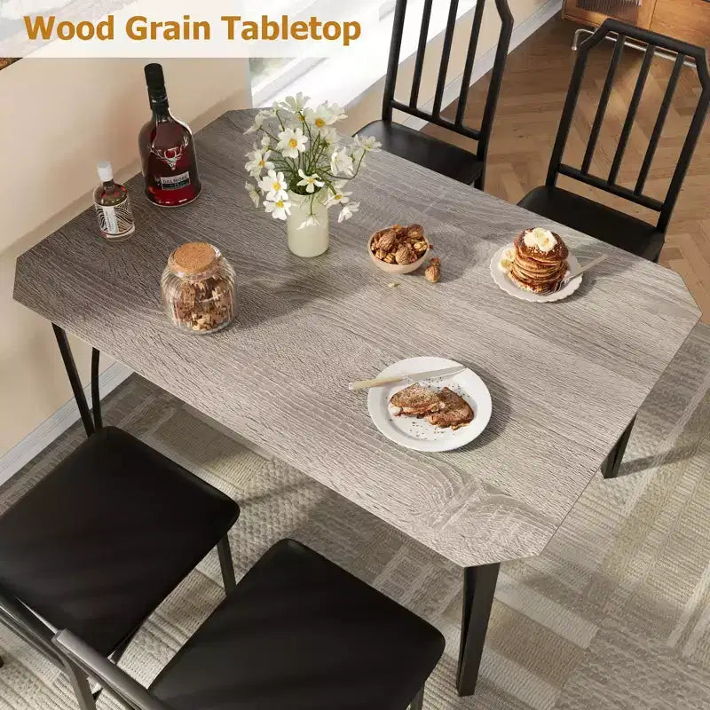 Table à manger, table de cuisine carrée moderne et industrielle en bois de ferme avec chaises rembourrées, meubles de salle à manger