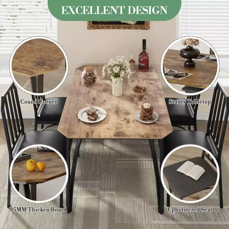 Table à manger, table de cuisine carrée moderne et industrielle en bois de ferme avec chaises rembourrées, meubles de salle à manger