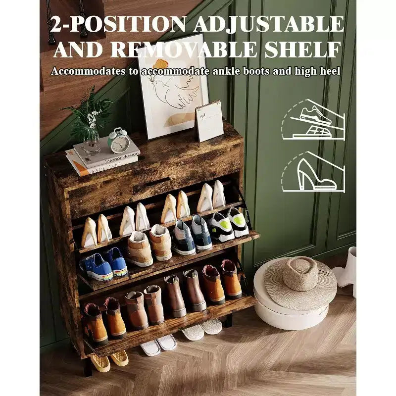 Meuble à chaussures de rangement pour entrée ultra fin avec 2 tiroirs abattants et 1 tiroir basculant, meuble à chaussures étroit, organisateur de chaussures moderne autoportant en bois