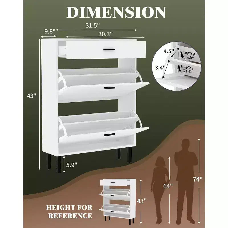 Meuble à chaussures de rangement pour entrée ultra fin avec 2 tiroirs abattants et 1 tiroir basculant, meuble à chaussures étroit, organisateur de chaussures moderne autoportant en bois