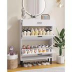 Meuble à chaussures de rangement pour entrée ultra fin avec 2 tiroirs abattants et 1 tiroir basculant, meuble à chaussures étroit, organisateur de chaussures moderne autoportant en bois