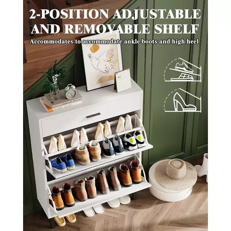 Meuble à chaussures de rangement pour entrée ultra fin avec 2 tiroirs abattants et 1 tiroir basculant, meuble à chaussures étroit, organisateur de chaussures moderne autoportant en bois