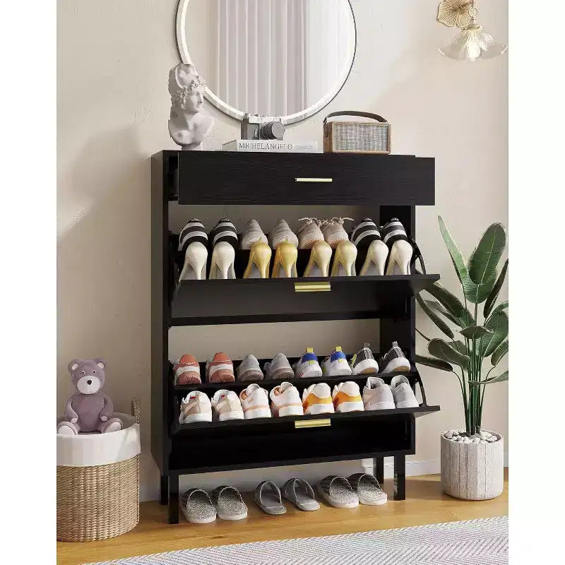 Meuble à chaussures de rangement pour entrée ultra fin avec 2 tiroirs abattants et 1 tiroir basculant, meuble à chaussures étroit, organisateur de chaussures moderne autoportant en bois