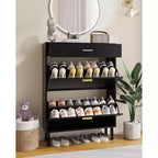 Meuble à chaussures de rangement pour entrée ultra fin avec 2 tiroirs abattants et 1 tiroir basculant, meuble à chaussures étroit, organisateur de chaussures moderne autoportant en bois