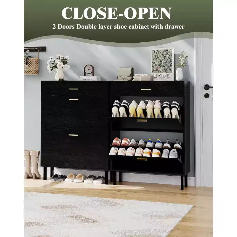 Meuble à chaussures de rangement pour entrée ultra fin avec 2 tiroirs abattants et 1 tiroir basculant, meuble à chaussures étroit, organisateur de chaussures moderne autoportant en bois