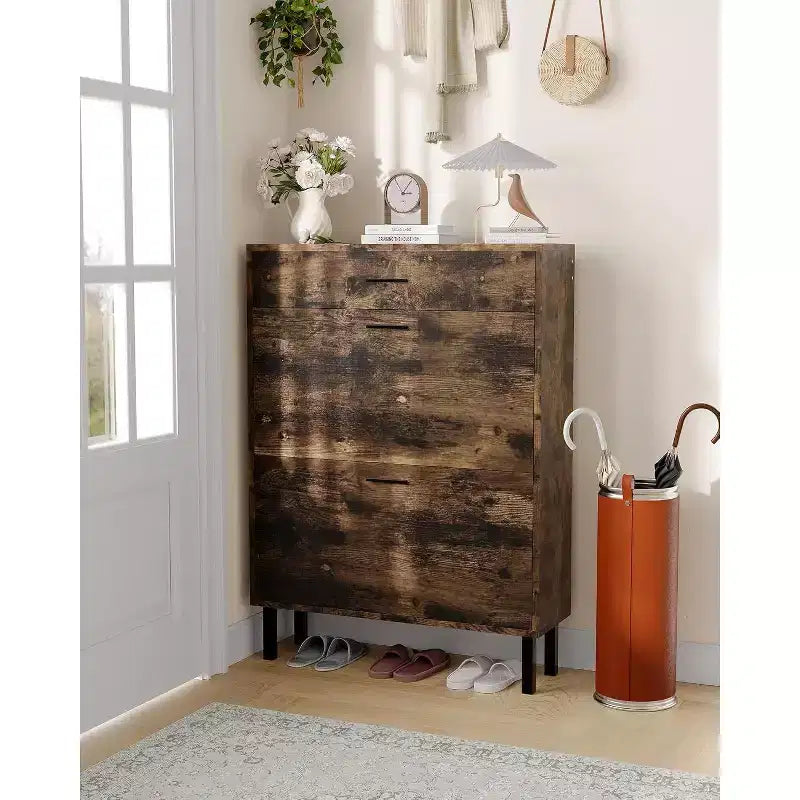Meuble à chaussures de rangement pour entrée ultra fin avec 2 tiroirs abattants et 1 tiroir basculant, meuble à chaussures étroit, organisateur de chaussures moderne autoportant en bois